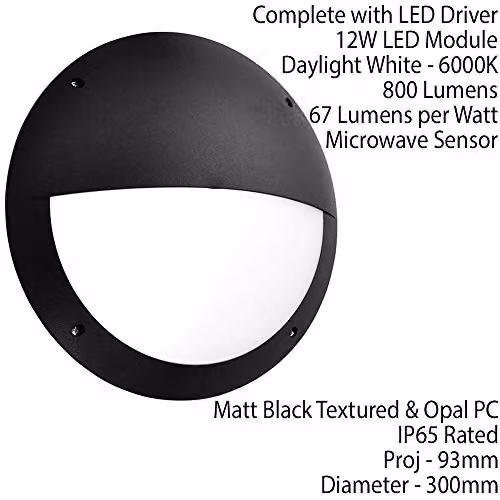 Loops IP65 Outdoor Round Bulkhead Lamp with Microwave Motion Sensor in Matt Black with 12W Cool White LED – 2
