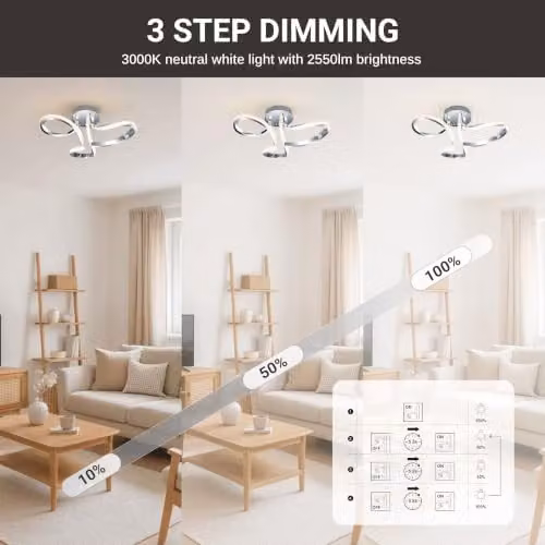 Cosylyte Moss 3 Light LED Modern Curved Ceiling Light in Chrome, W/D/H: 52 x 52 x 22 cm – 4