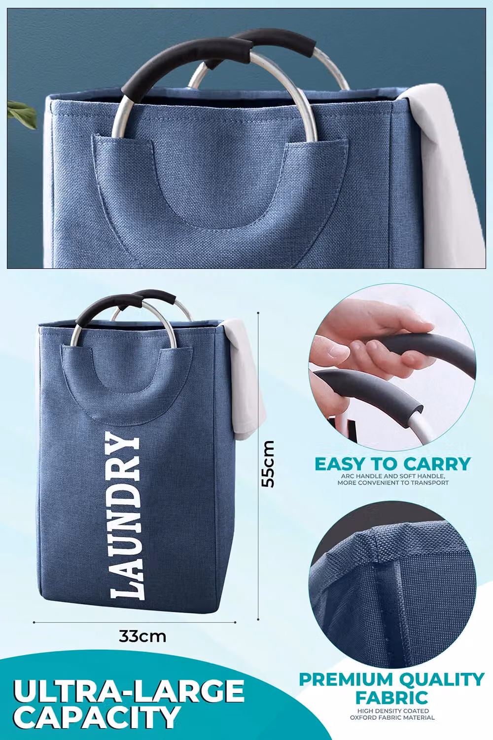 Neel Blue Collapsible Laundry Basket with Handles, 43L Navy Blue Foldable Laundry Hamper – 2