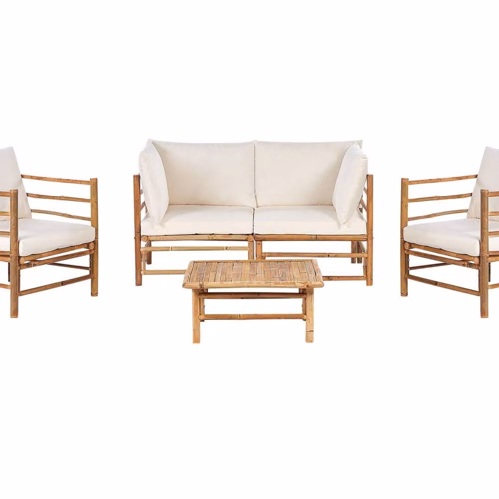 Wyld and Coco 4-Piece Modular Bamboo Sofa with White and Brown Fabric Cushions – 2