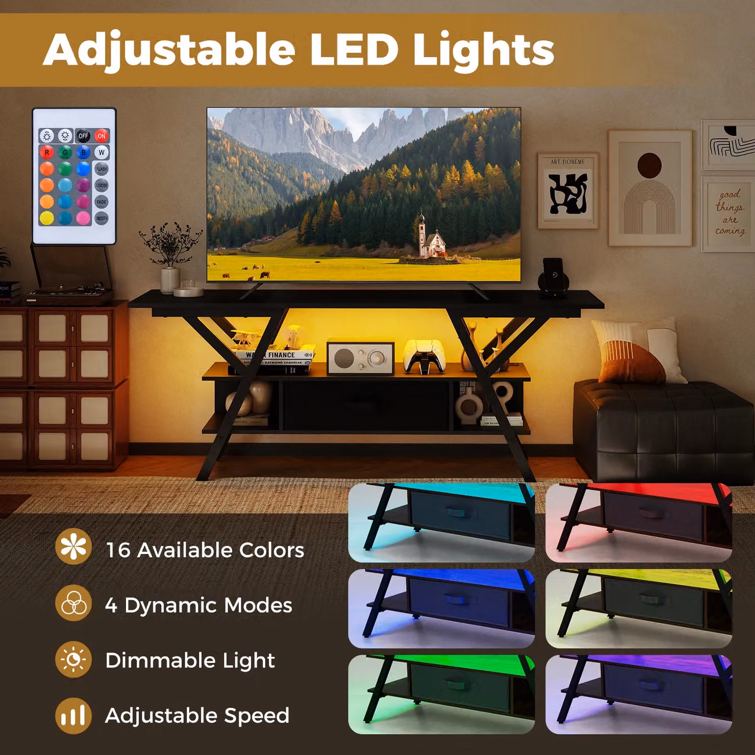 Gymax 3-Tier Modern TV Stand for up to 65 inch TVs with Integrated LED Lights and Power Outlets in Black – 5