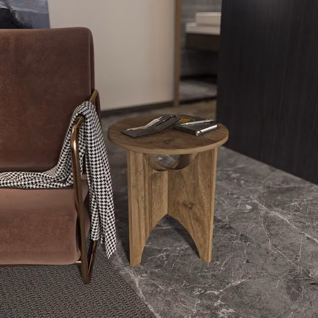 Decorotika Merit Round Wood Side End Table in Walnut Brown