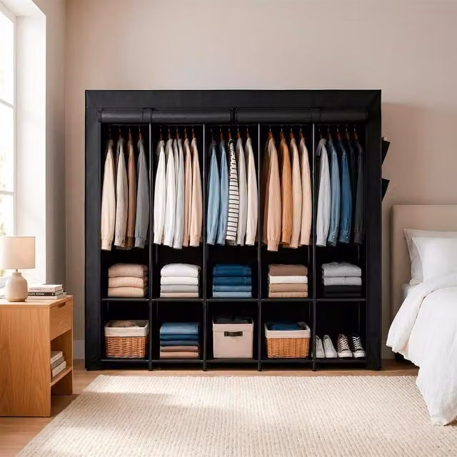 Harbour Housewares Portable Fabric Wardrobe in Black, H x W x D: 167 x 211 x 45 cm