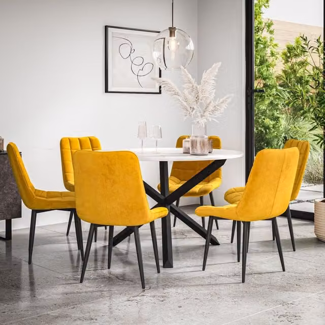 More4Homes Malvern Round Dining Table and 6 Nova Velvet Dining Chairs Set, Marble Top with Solid Oak Black Legs, Mustard – 1