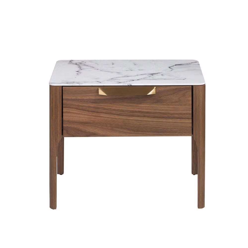 Angel Cerda Walnut Bedside Table with Imitation Marble Glass Top in Brown, White or Grey – 2