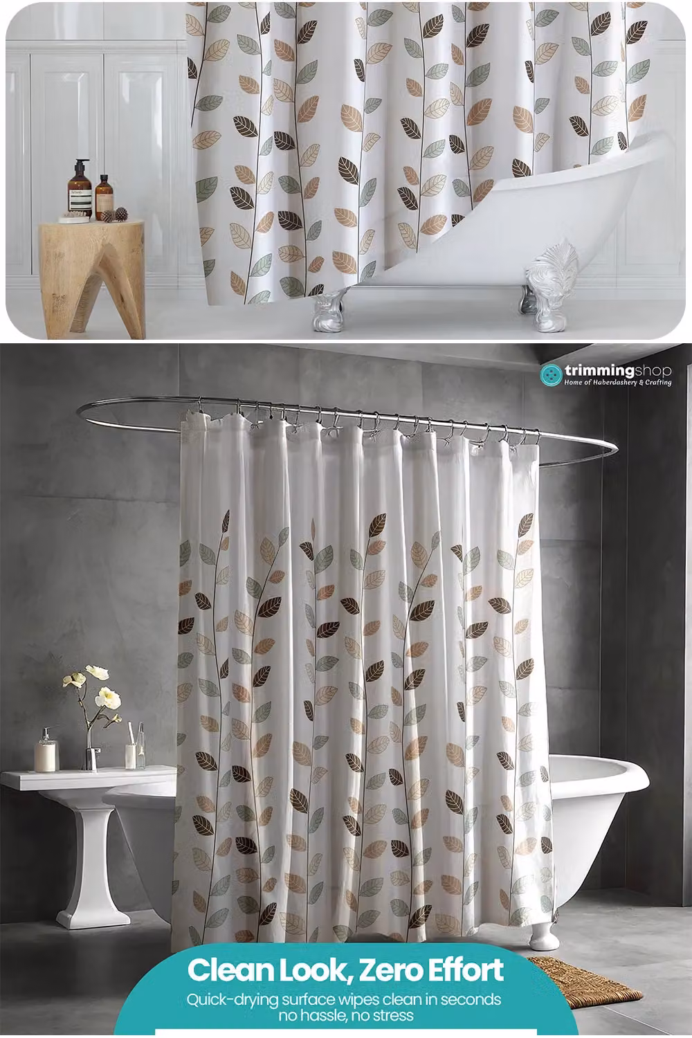 Neel Blue Leaves Design Polyester Water-Resistant Shower Curtain with 12 Hooks, W: 180 cm, H: 200 cm – 3