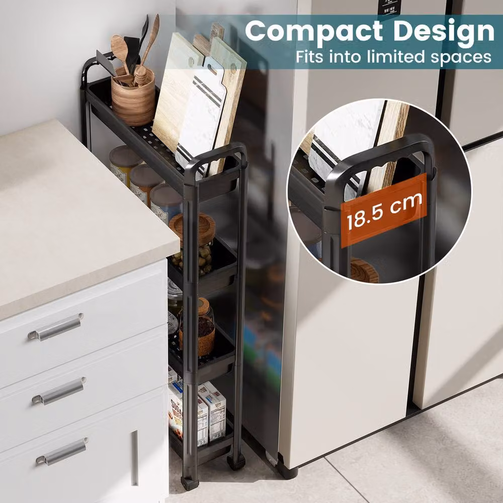 Costway 4-Tier Rolling Storage Cart Black Narrow Bathroom and Kitchen Organiser Unit – 3
