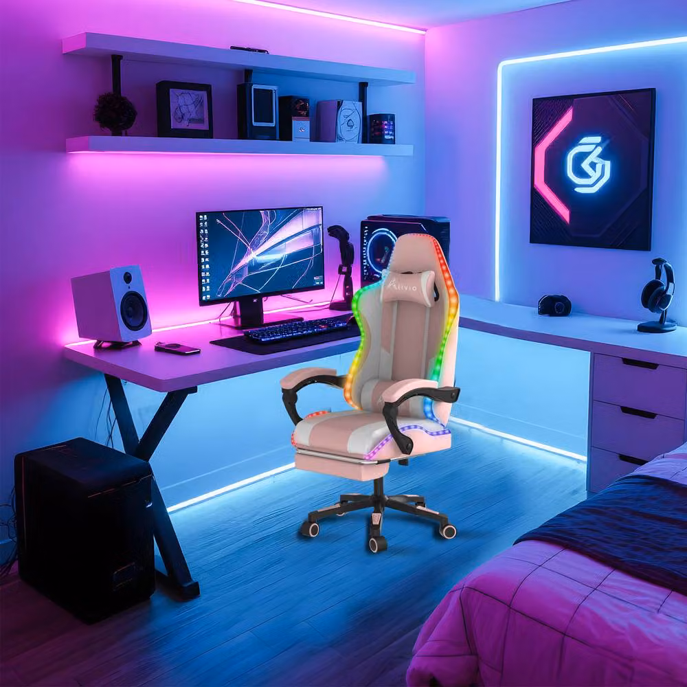 Alivio Wireless RGB LED Gaming Chair with App Control and Massage Lumbar Cushion in Pink – 7