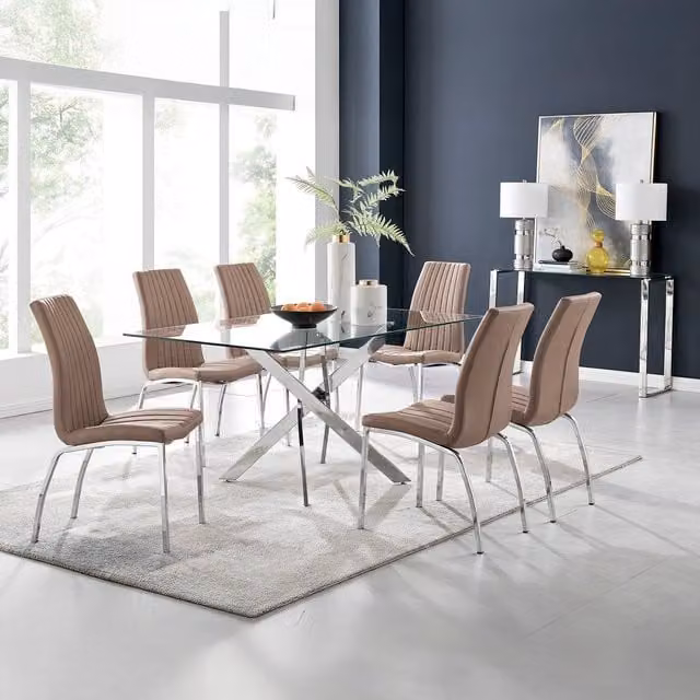 FurnitureboxUK Leonardo Rectangular Glass Dining Table with Six Isco Chairs in Cappuccino