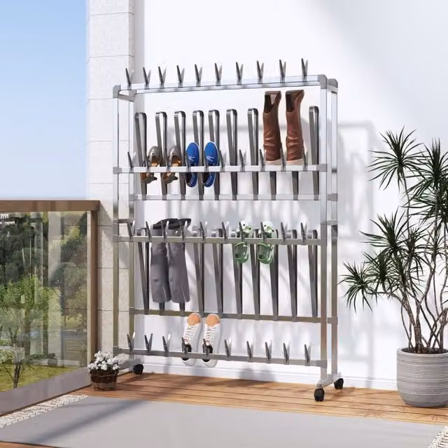 Berkfield Home Silver Metal Shoe Rack with Wheels W: 89 cm, D: 27 cm, H: 120 cm