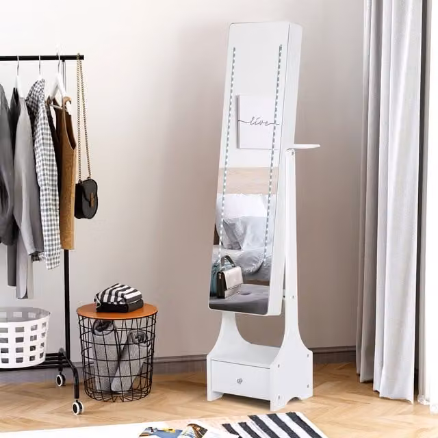 HOMCOM Freestanding Jewellery Cabinet with LED Mirror and Internal Shelves, White, H: 158.0 cm x W: 37.0 cm – 1
