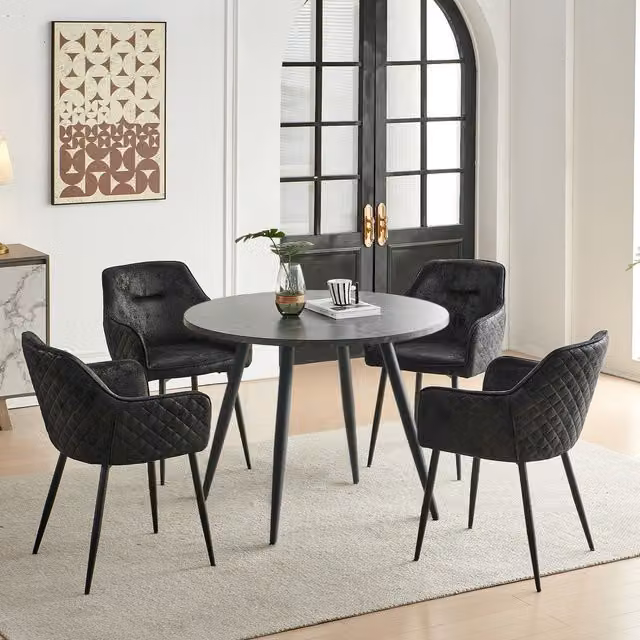 SONARA Black Marble Round Dining Table and 4 Faux Suede Dining Chairs Set