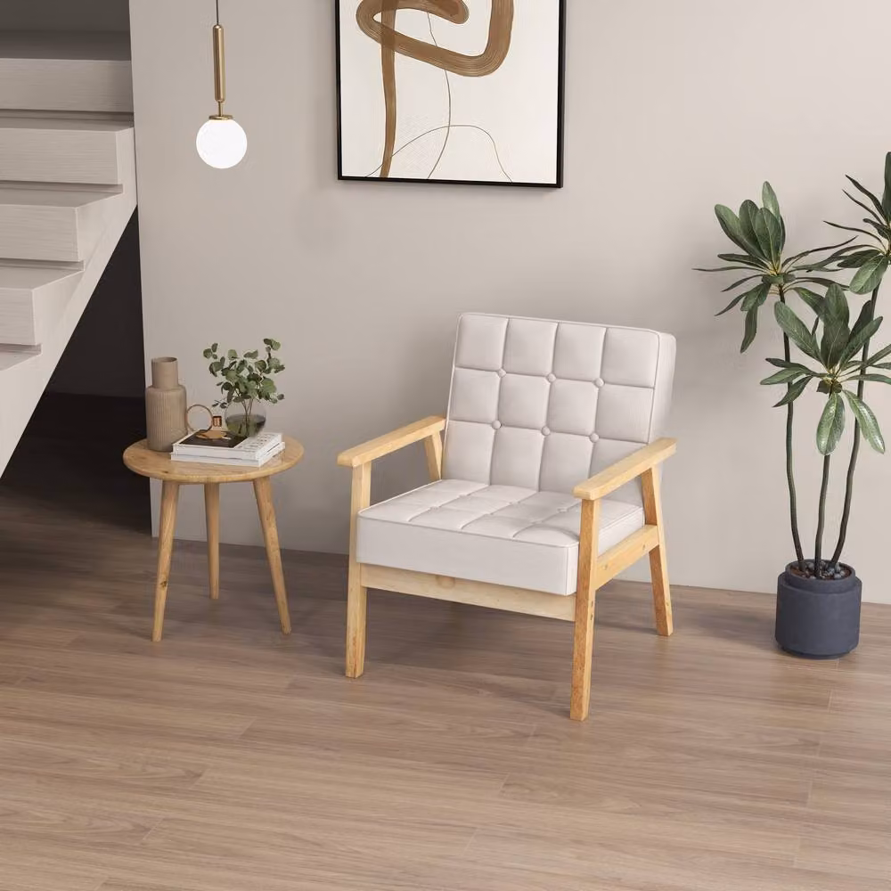Costway Modern Upholstered Accent Armchair with Rubberwood Armrests in Beige – 3
