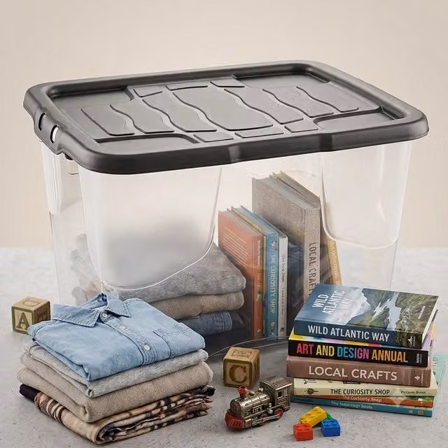 Storm Trading Group 10L Curved Plastic Storage Box with Black Lid, Stackable and Transparent