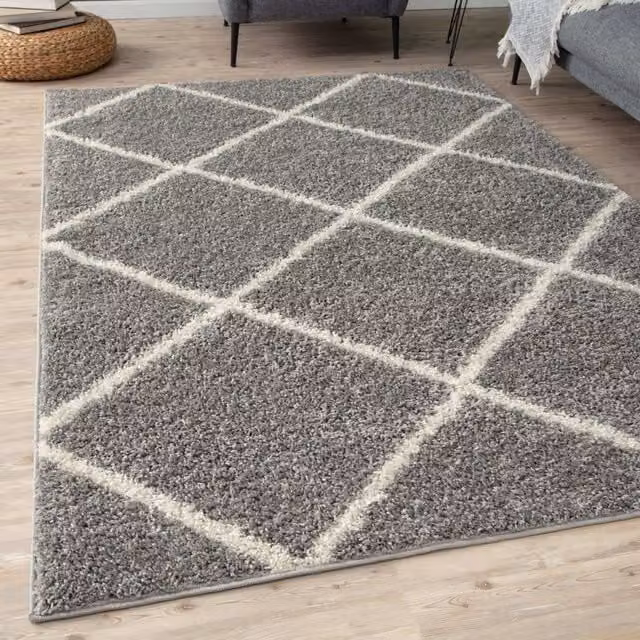 THE RUGS Moroccan Soft High Pile Shaggy Diamond Rug, Grey, W: 200 cm, D: 290 cm