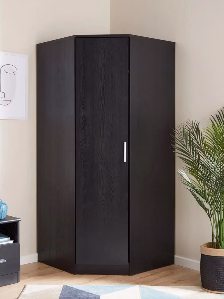 Cheap Furniture Warehouse Panama Modern Black Corner Wardrobe with Hinged Doors, H 181 cm x W 80.4 cm x D 80.4 cm