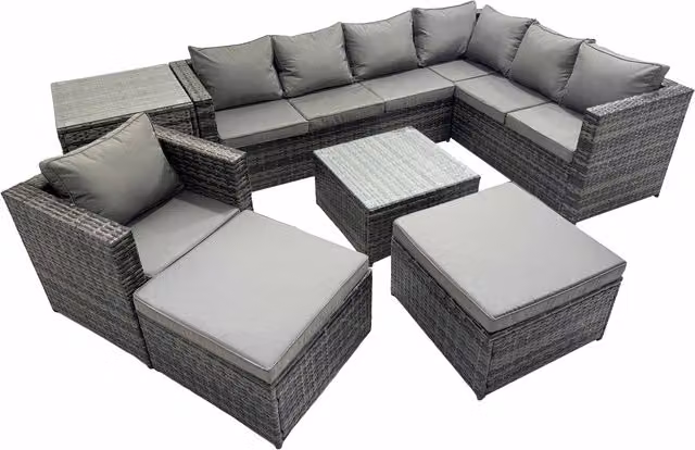 Fimous 9-Seater Modular Outdoor Rattan Sofa Set with Tempered Glass Table in Dark Grey