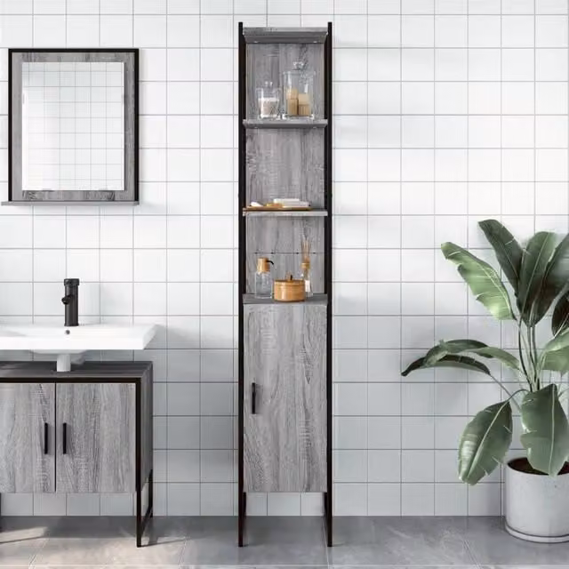 Berkfield Home Sturdy Grey Sonoma Bathroom Cabinet with Hinged Doors and Open Shelf, W/D/H: 33 x 33 x 185.5 cm