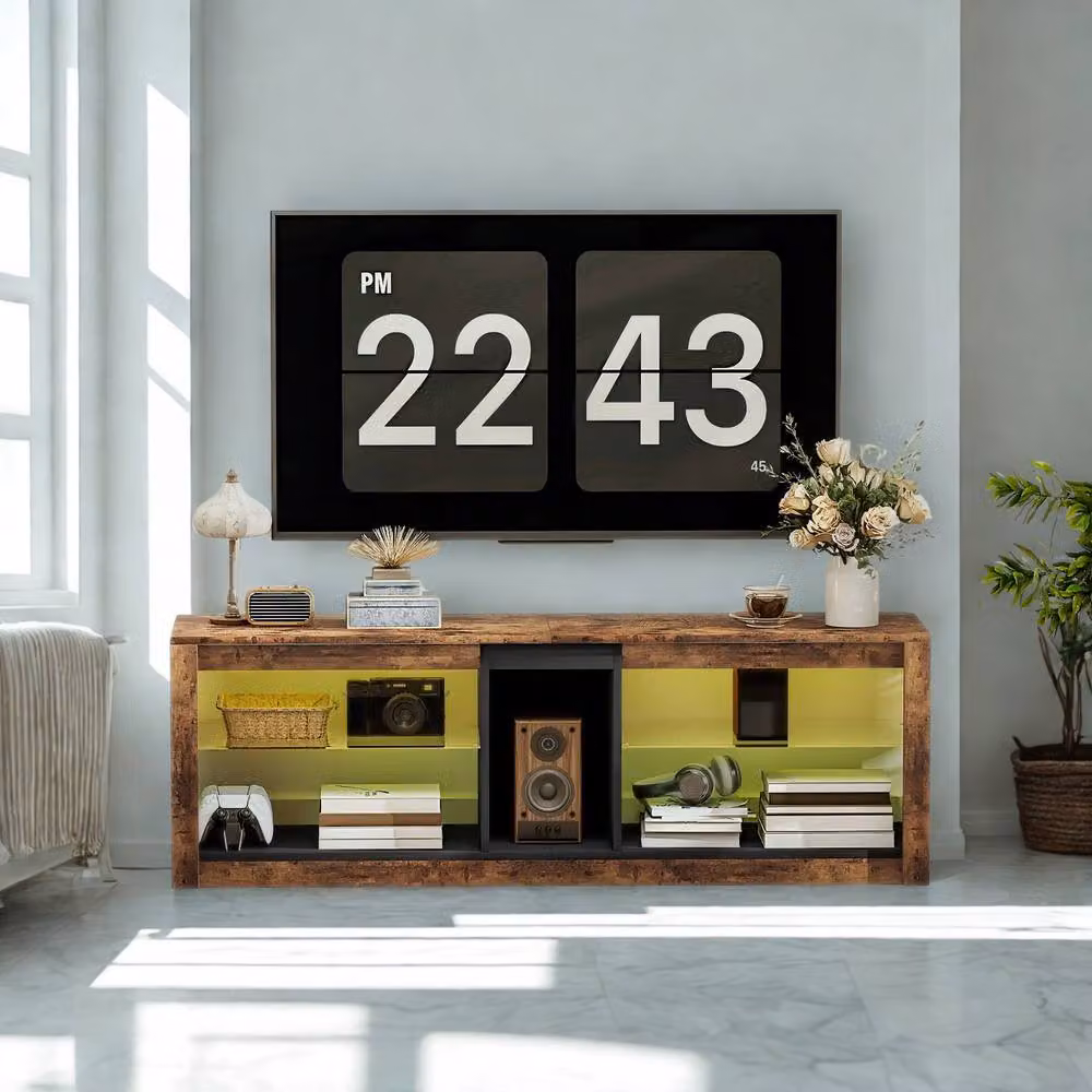 FURNOS Industrial TV Stand Unit with Integrated LED Lights and Storage Shelves in Brown, W/D/H: 140 x 35 x 47 cm – 2