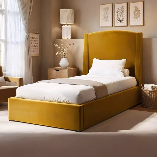 Solace+Co Blaine Single Winged Headboard Ottoman Bed in Gold Velvet, W/D/H: 90 x 200 cm