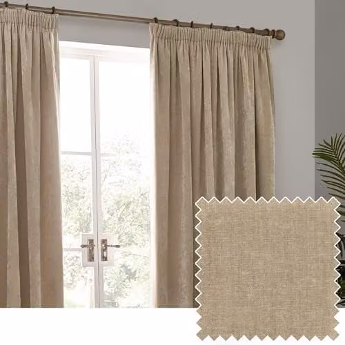 Riva Home Heavy Chenille Velvet Pencil Pleat Curtain Pair in Sand Beige, W: 168 cm, H: 229 cm – 1