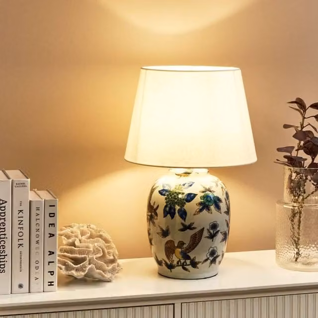 Wyld and Coco Blue and White Ceramic Table Lamp with Floral Motif – 1