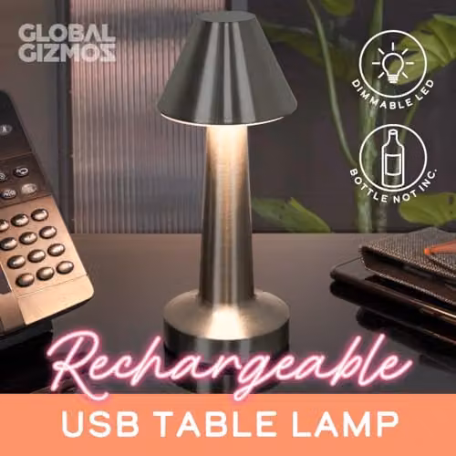 Global Gizmos 66369 LED Table Lamp, USB Rechargeable Dimmable Bedside Lamp with Warm White Light and Touch Control, Silver – 3