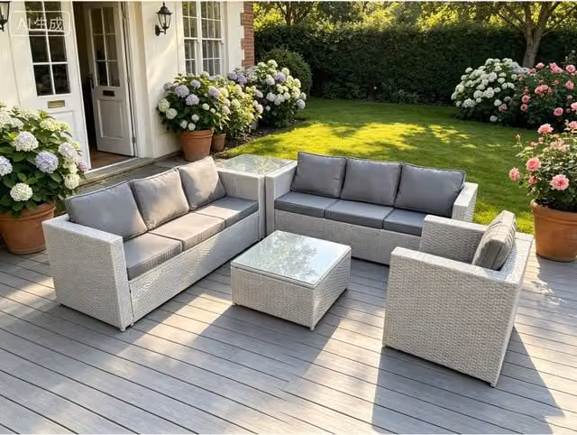 Fimous 7 Seater Grey Rattan L-Shape Garden Lounge Sofa Set with Armchair, 2-Seater Sofa, Coffee Table and Cushions