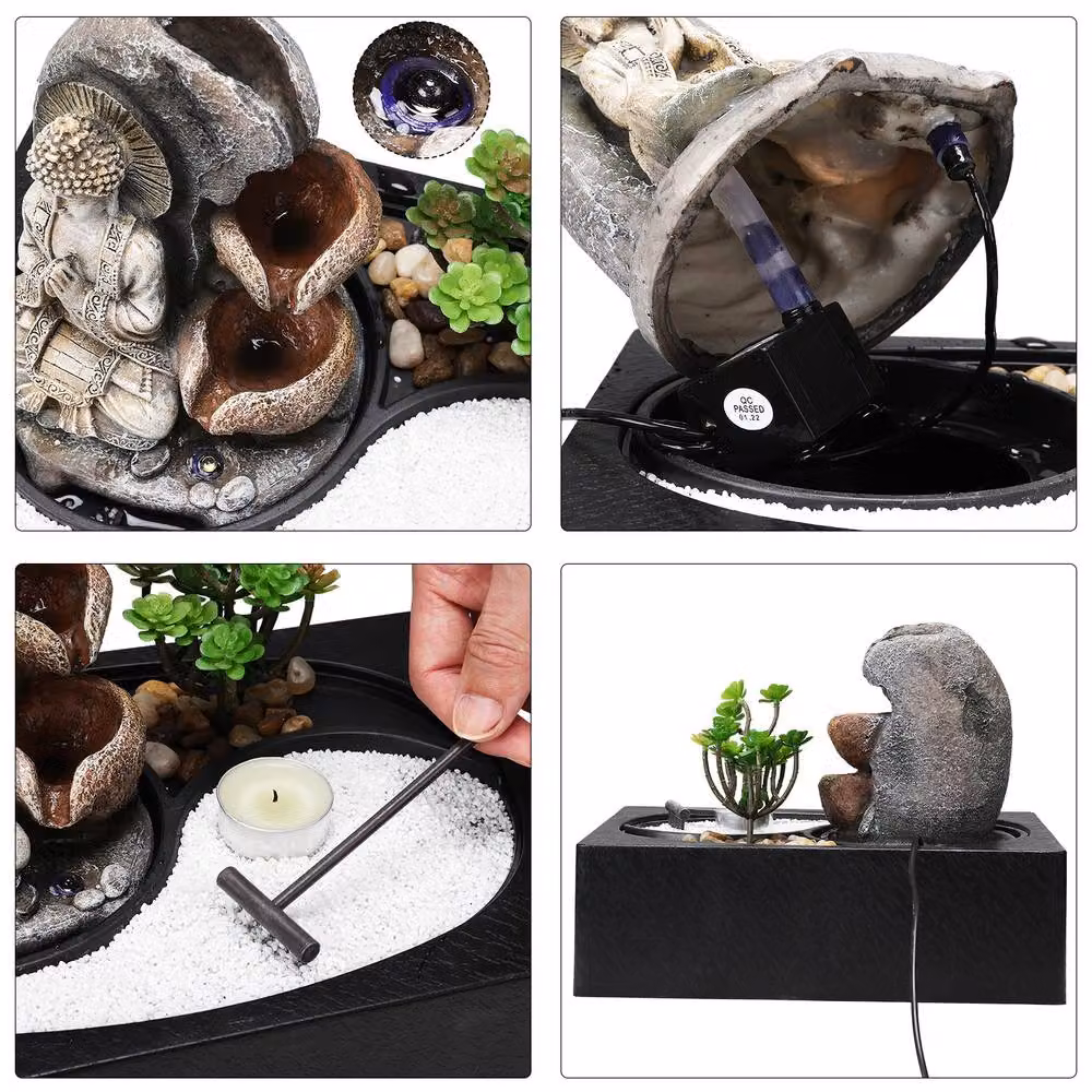 Living and Home Buddha Zen Tabletop Water Fountain with LED Light in Sand – 3