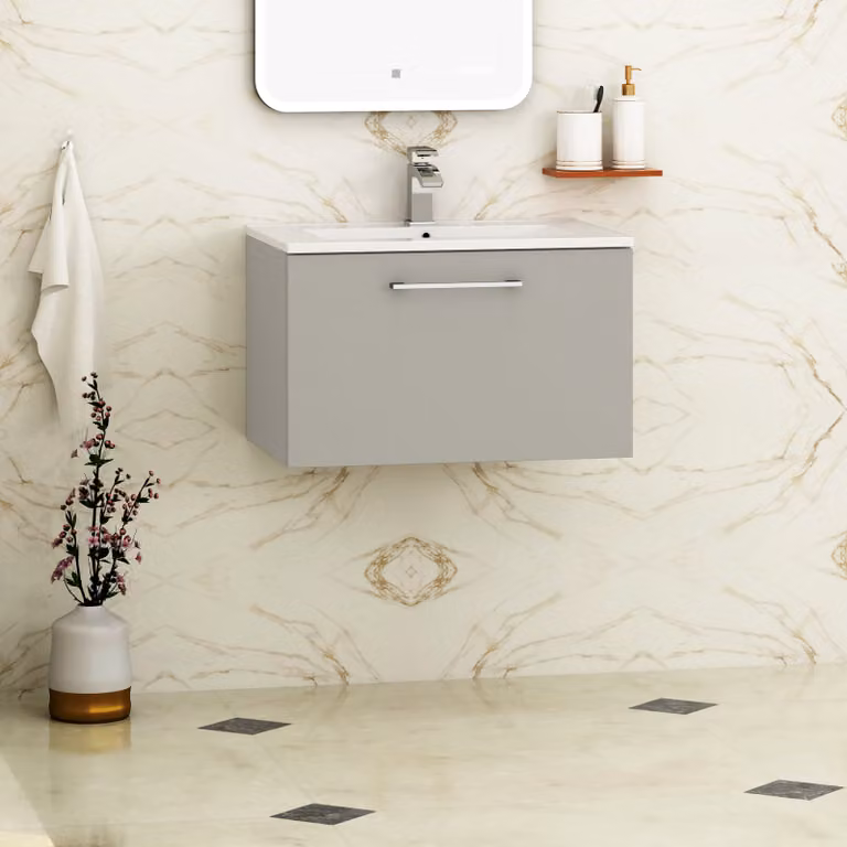 Royal Bathrooms Modena 800mm Wall Hung Vanity Unit in Satin Grey with Minimalist Basin and Internal Drawer