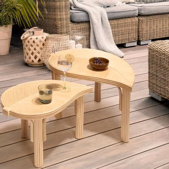 Wyld and Coco Nest of 2 Coffee Tables in Beige with Natural Rattan Floral Design