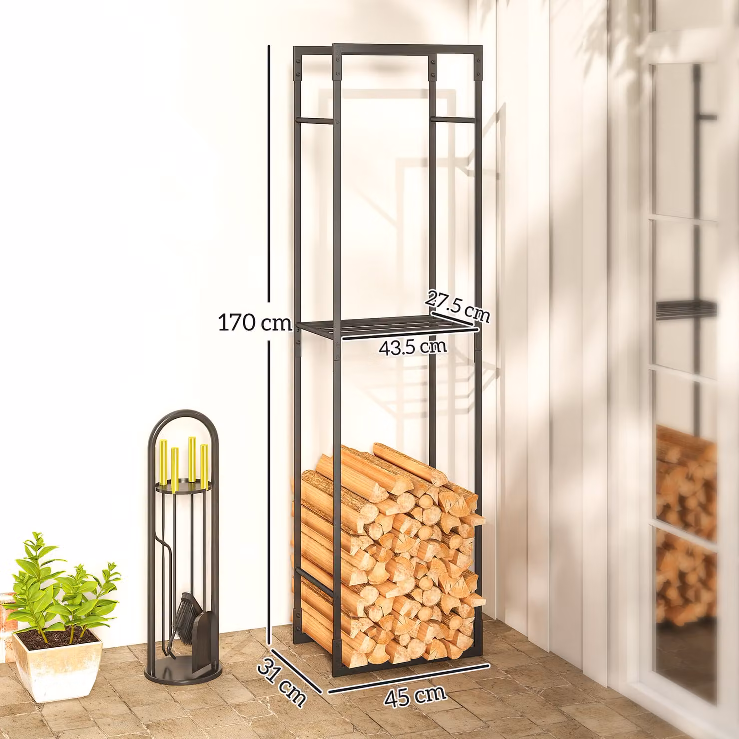Outsunny Metal Firewood Log Holder with Adjustable Shelves, Black, W/D/H: 45 x 31 x 170 cm – 3