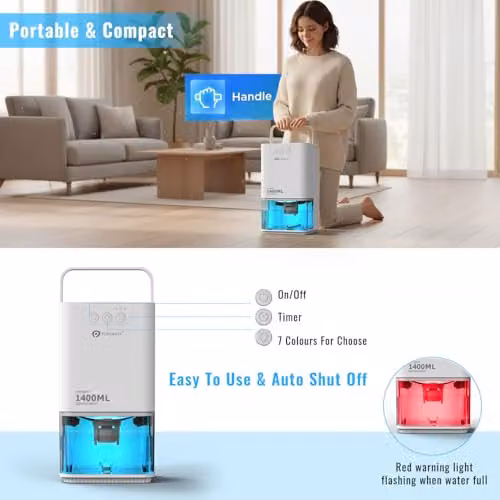 PureMate 1400ml Portable Mini Electric Dehumidifier in White with Colourful LED Lights – 4
