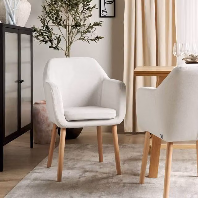 Wyld and Coco Prestige Dining Chair with Armrests in White Velvet and Rubberwood – 1