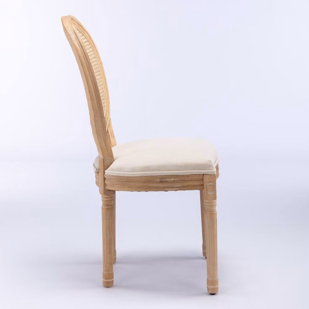 HomeTouch Set of 4 French Style Rattan Back Dining Chairs in Beige with Linen Fabric – 2