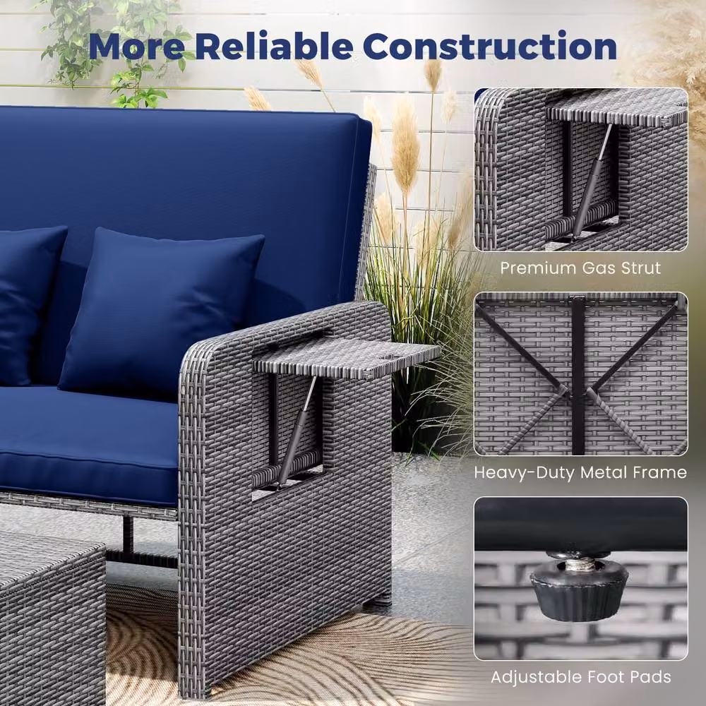 Costway 2-Piece Navy Blue PE Wicker Daybed and Patio Rattan Furniture Set with 4-Level Backrest – 10