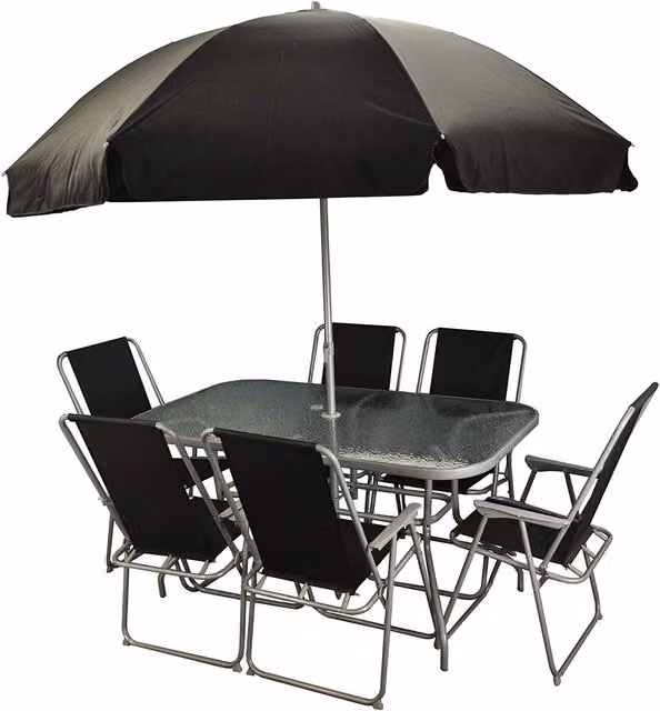 Wareham 8 Piece Modern Garden Furniture Set with Rectangular Glass Table and Folding Chairs in Grey and Black
