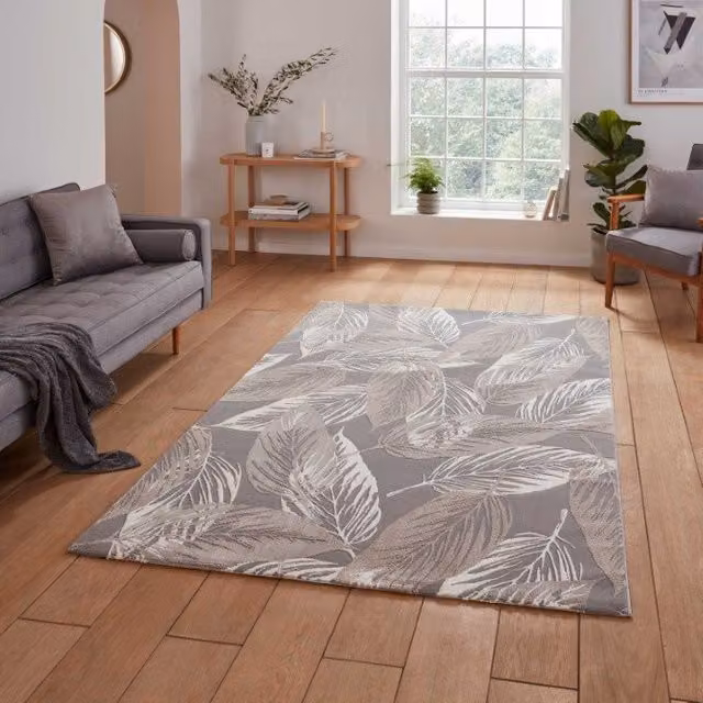 Terrys Grey Floral Rectangular Washable Rug