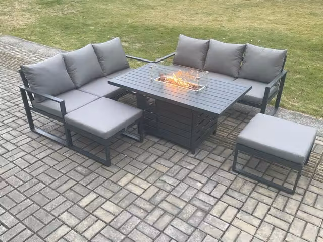 Fimous 8 Seater Outdoor Garden Furniture Set with Gas Fire Pit Dining Table and 2 Footstools in Dark Grey Powder Coated Aluminium