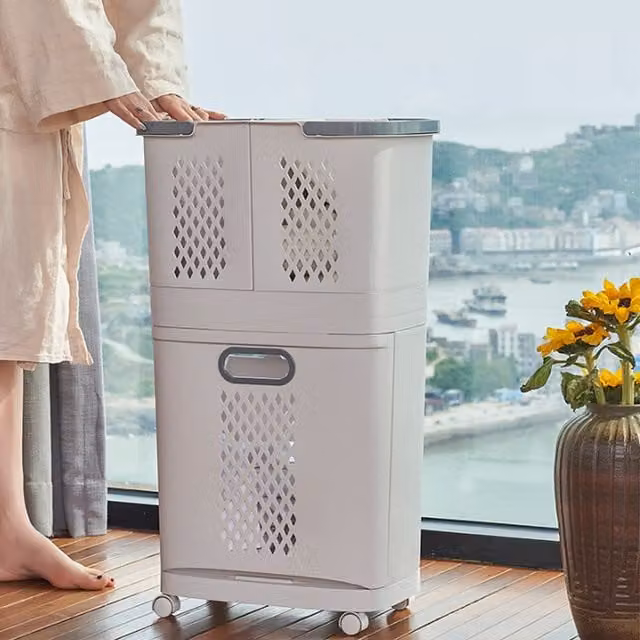 Livingandhome 3 Compartment Rolling Laundry Hamper with Wheels and Handles in Grey and White