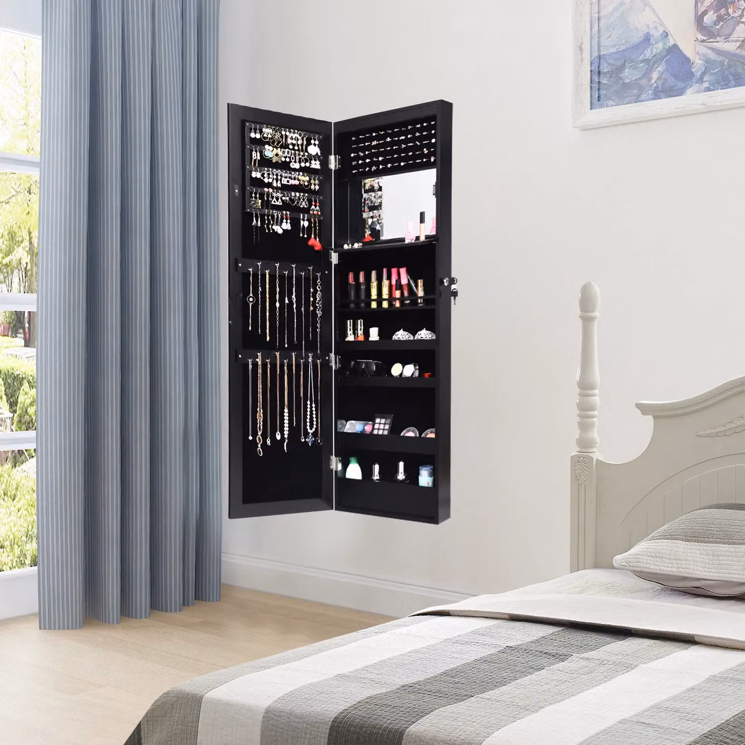 Costway Black Wall or Door Mounted Jewelry Armoire Organizer with Full-length Mirror and LED Lighting – 5