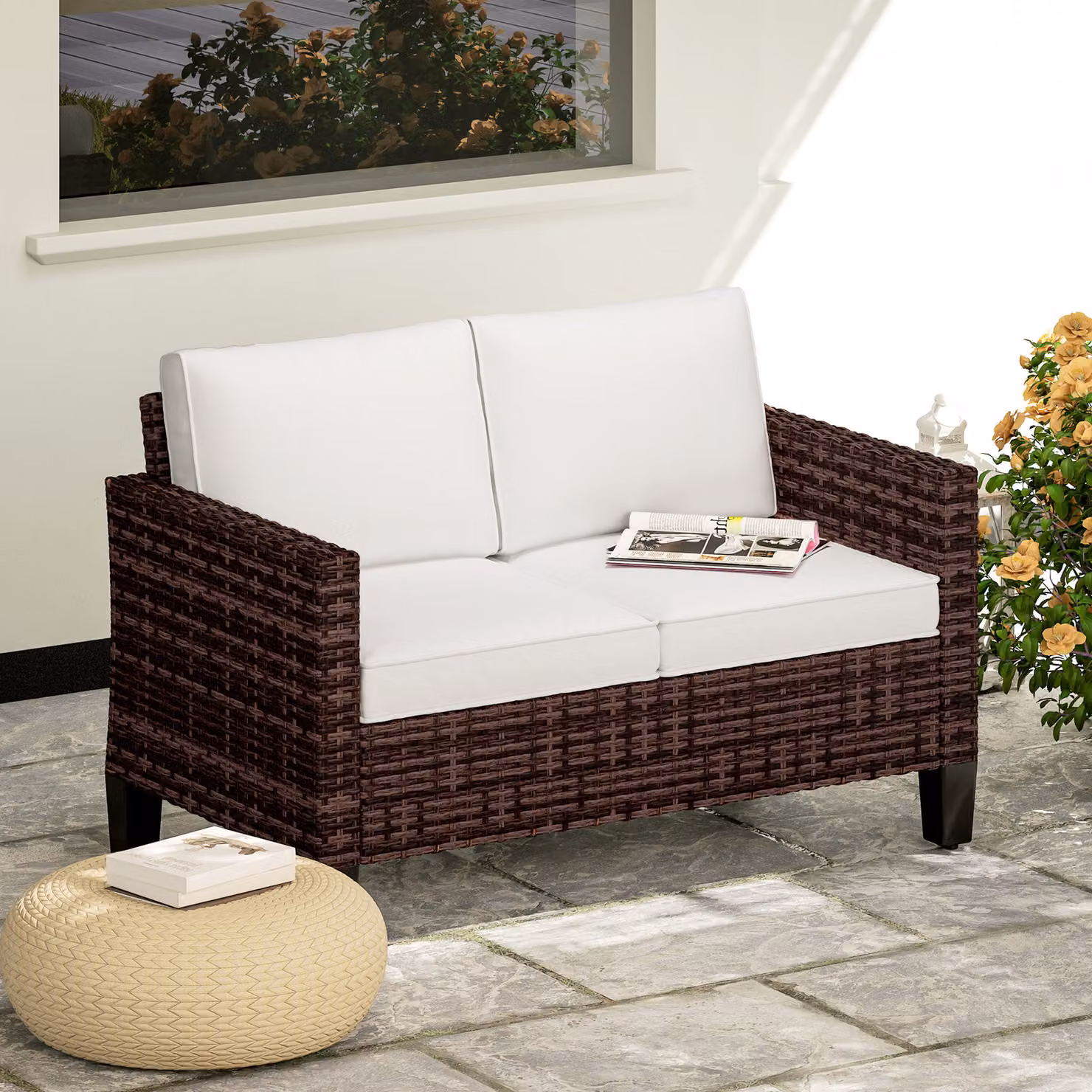 Outsunny Two-Seater Rattan Outdoor Sofa in Brown with Cushions and Removable Covers – 2