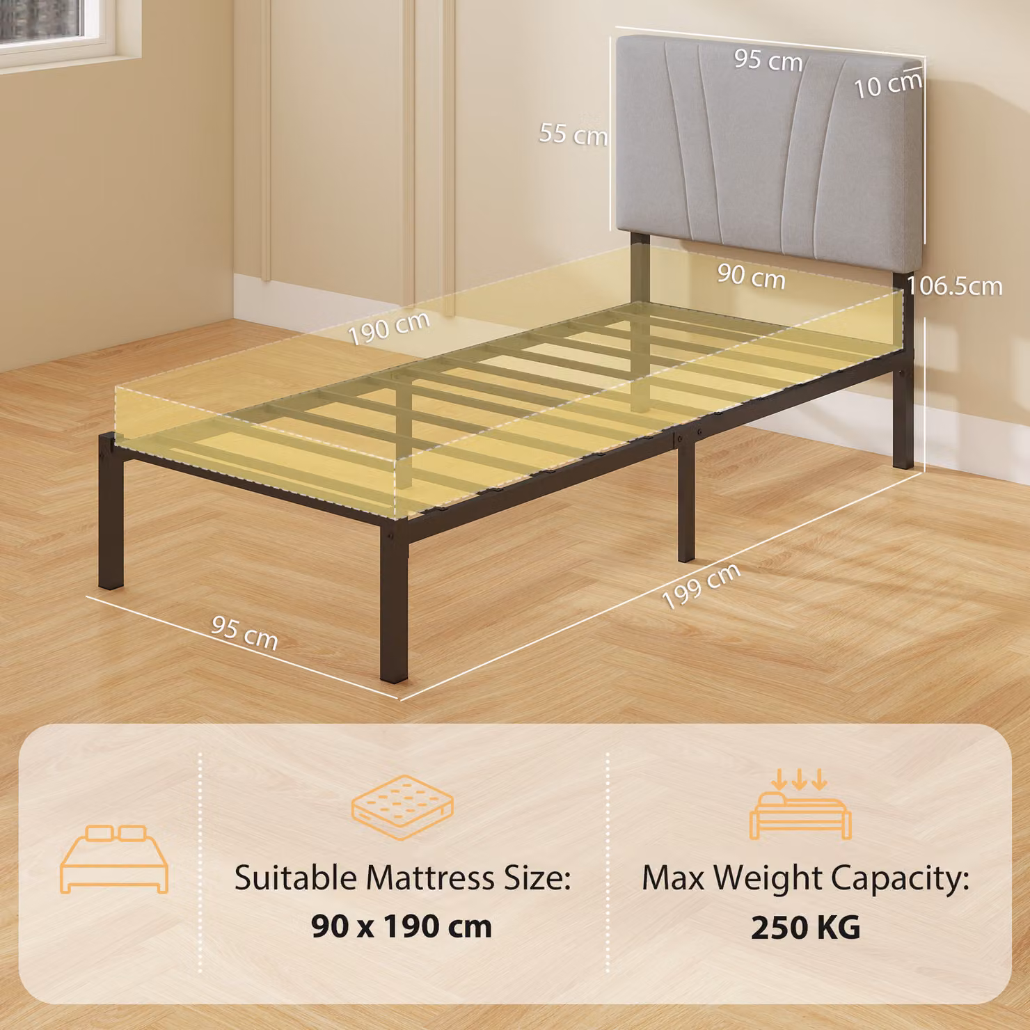 HOMCOM 3FT Single Bed Frame with Upholstered Headboard and Underbed Storage, Black and Grey, W/D/H: 90 x 190 x 106.5 cm – 3