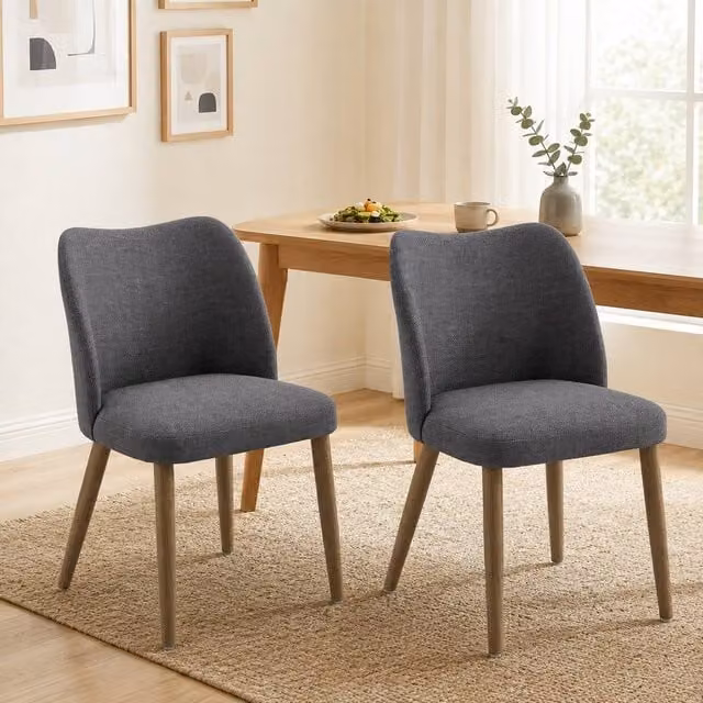 STILVORA Set of 2 Modern Grey Fabric Dining Chairs with Padded Seats and Rubberwood Legs