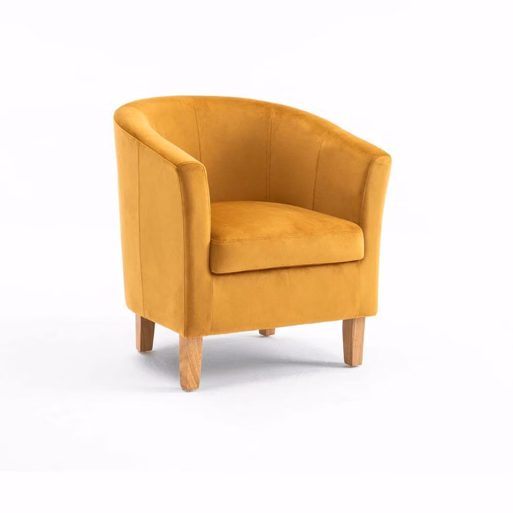NESTLUNE Mustard Yellow Velvet Tub Chair with Armrests and Solid Wood Legs – 4