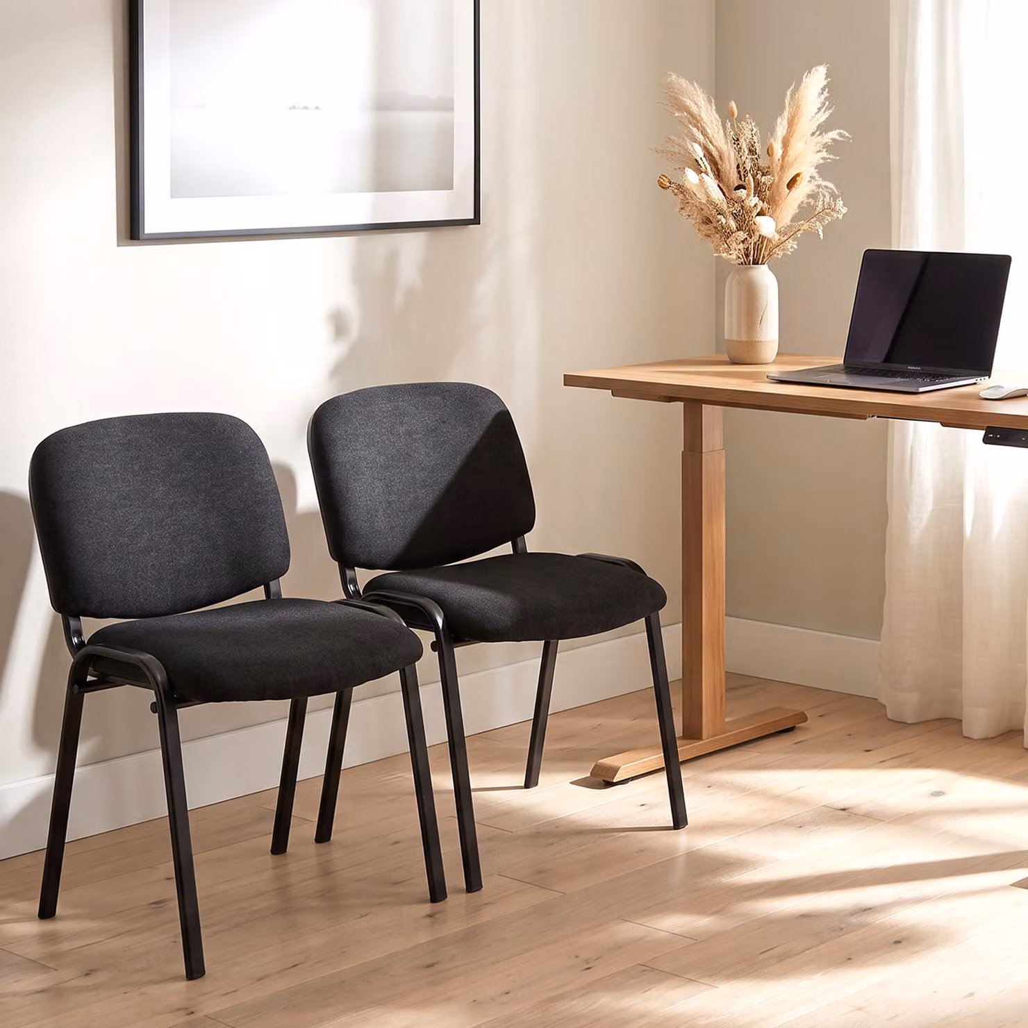 HOMCOM Set of 2 Black Linen-Look Fabric Stackable Reception Chairs with Padded Seats for Office and Home Use – 2