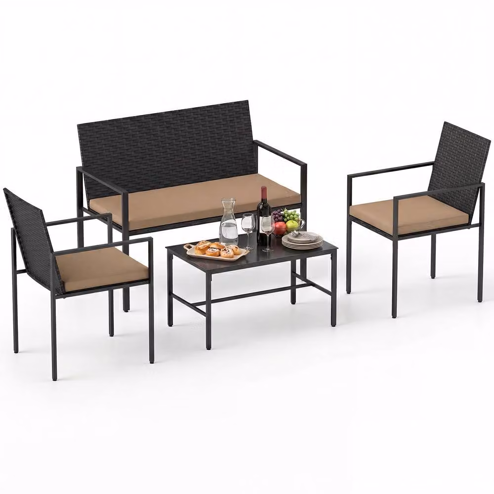 Costway 4-Piece Outdoor Rattan Patio Furniture Set with Loveseat, Armchairs and Coffee Table in Beige – 2
