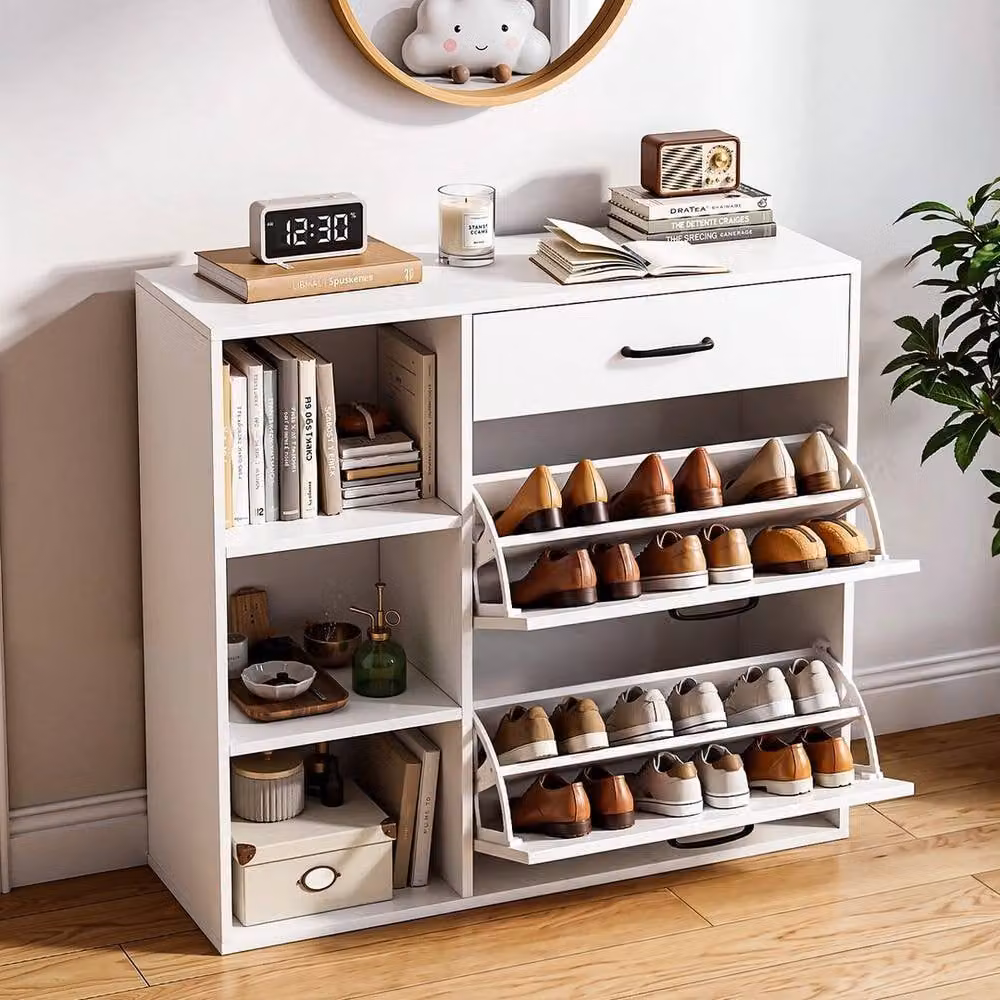 KORVIXA Modern White Shoe Storage Cabinet with Drawer and Tilting Compartments, W: 100 cm, H: 100 cm, D: 20 cm – 3