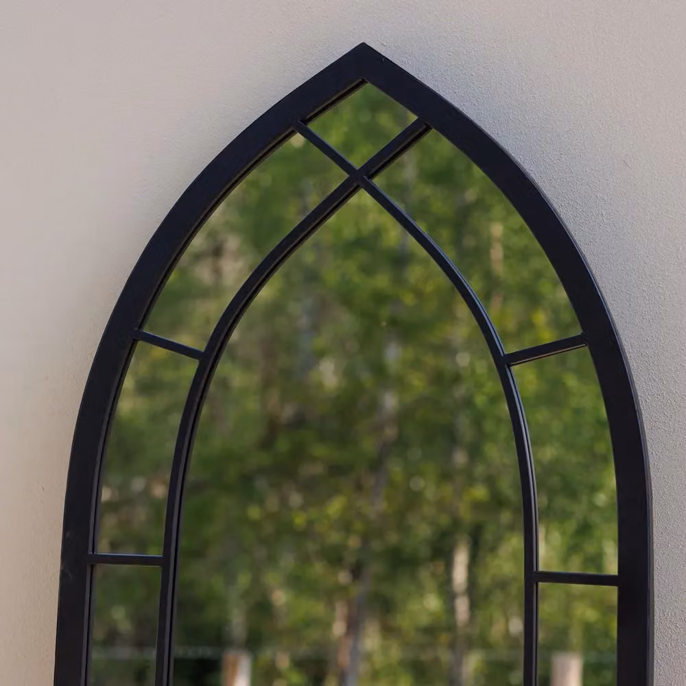 Primrose Pointed Arch Garden Mirror with Black Metal Frame and Glass Window Illusion, Height: 170 cm – 2