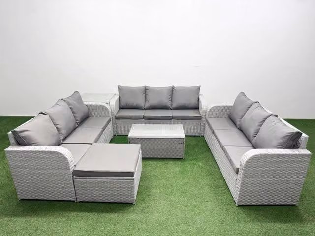 Fimous 10 Seater PE Rattan Outdoor Garden Furniture Set in Light Grey with 3 Seater Sofa, Coffee Table, Ottoman and Side Table